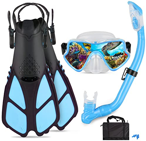 AosDero Kids Snorkeling Set Adjustable Swimming Flippers+Panoramic Snorkel Mask+ Dry Snorkel Tube+ Travel Bags Suitable Snorkeling Gear for Kids,Juniors,Age 5-14