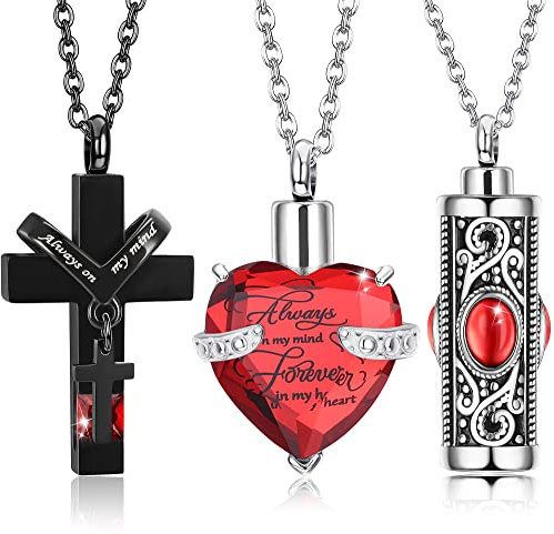 LOLIAS 3 Stück Feuerbestattung Urnenketten für Asche Edelstahl Kristall Herz Kreuzzylinder Asche Halskette Gedenkanhänger Halskette Medaillon Asche Andenken Schmuck für Frauen Männer Hunde