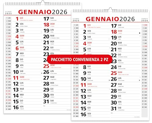 Calendario 2026 da Muro Olandese Classico - 14 Fogli - 3 mesi per pagina con Feste Settimane Lune e Santi in Carta ECOLOGICA Certificata FSC® Mix Credit - 42x29,7 cm - 2 PZ.