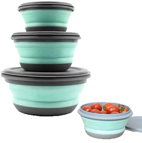 CTForest 3 Pièces Bols Pliables en Silicone Vert, Ensembles Silicone Lunch Box, Bol Saladier Avec Couvercle Pour le Camping, La Randonnée, La Cuisine