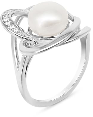 PERORNO Anello con Perla Coltivata Bianca 9 mm Alta Lucentezza, Argento 925 Sterling e Zirconi Brillanti