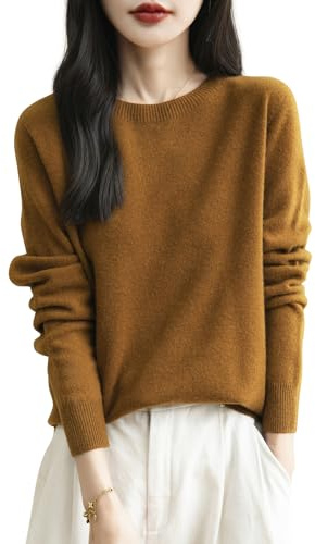 Chanyarn Women's 100% Merino Wool Crewneck Pullover Sweater 2025 Fall Winter Warm Soft Long Sleeve Seamless Knit Cashmere Style Sweater (Caramel,S)