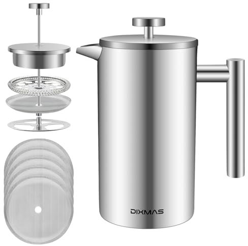 Dixmas Cafetière à Piston Camping en Acier Isotherme avec 5 Filtres de Rechange French Press 350ML 2 Tasses
