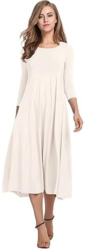 HOTOUCH Vestido de mujer elegante casual, manga 3/4, línea A, midi, clásico, cuello redondo, túnica con bolsillos, blanco, XL