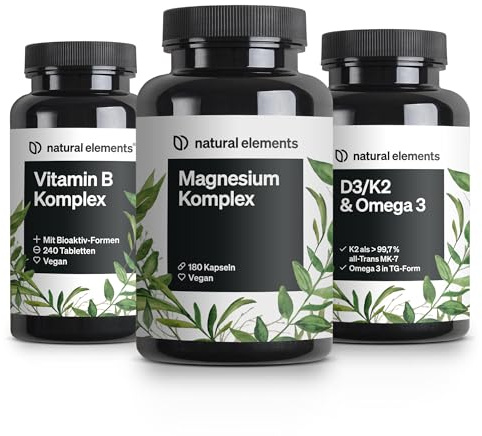 natural elements Essentials Set - Magnesium Komplex, Vitamin B Komplex, D3 K2 & Omega 3 Kapseln - hochdosiert, ohne unnötige Zusätze - für deinen Alltag