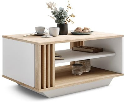 Viosimc Couchtisch, Wohnzimmertisch mit modernen Lamellen, moderner und stilvoller rechteckiger Kaffeetisch mit Ablage, stilvolle Ergänzung für jedes Wohnzimmer – Sonoma Eiche & Weiß