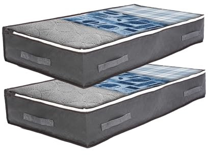2 piezas Caja de Bolsas almacenaje la Cama 90L - Comoda Bajo la Cama Plegable con Tapa - Bolsa de Almacenaje para Ropa y Edredones - (Gris)