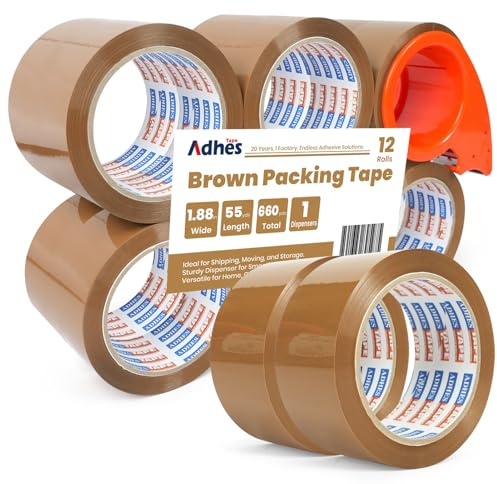 ADHES Brown Parcel Tape Brown Packing Tape with Dispenser, 48mm x 50m, 12 Rolls Heavy Duty Tape Ideal for Packing Boxes and Parcels