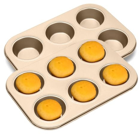 Ruioomeep Teglia da forno rotonda per muffin, in acciaio al carbonio per 12 muffin, mini muffin, 27,5 x 18,5 cm, antiaderente, per muffin, mini cupcake, oro