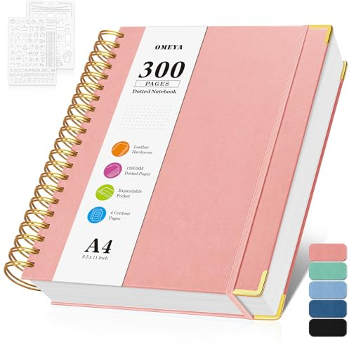 Bullet Dotted Journal Spiral Notebook, 300 Pages Leather Notebooks with Contens, 120 GSM Thick No Bleed Through Paper Journals, A4 Large Dot Grid Notebook for Women Men Work Writing, 8.5 x 11, Pink