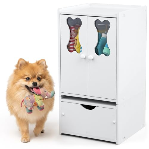 Teenyyou 22.84 x 12.99 x 12.6 Inch Pet Wardrobe Closet Dog Toy Clothes Storage Organizer with Doors and Telescopic Hanging Rod Combinable Drawers Closet Rack for Small Dog Cat Toys Clothes Accessories