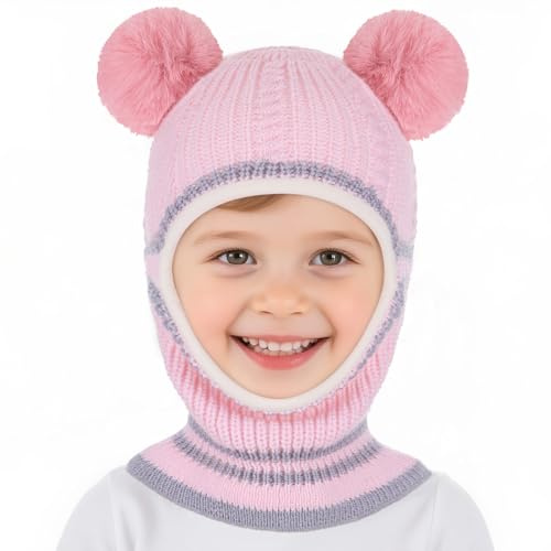 Bonnet Cagoule Chaud d'hiver pour Enfant, Bonnet Echarpe Hiver Chaud Cache Oreilles Chapeaux Tricoté Capuche Doux avec Double Pompon pour Childs Filles Garçon 2-5 Ans (FR/ES, Âge, Taille unique, Rose)