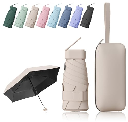 FESDMOH Ombrello Pieghevole, Ombrello pioggia, Ombrello Piccolo da Borsa, Ombrelli da Tasca, Ombrelli Ultraleggero Portatile, UPF>50+, da Sole/Pioggia (Beige)