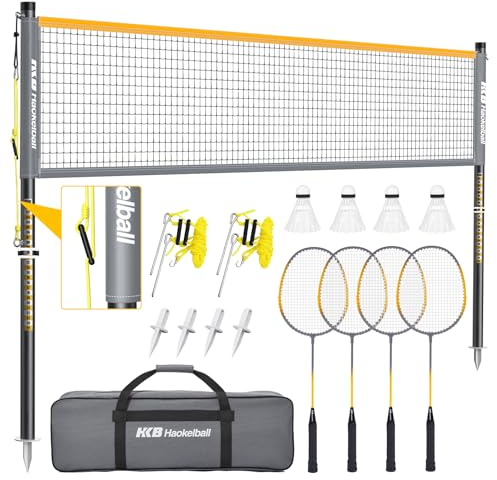 Haokelball Badminton Net Set – Anti-Sag System, Set of 4 Professional Carbon Fiber Rackets with 4 Shuttlecocks, Volleyball & Badminton Combo Set, Badminton Sets for Backyards