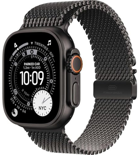Apple Watch Ultra 3 GPS + Cellular 49 mm Premium Smartwatch für Lauftraining und Kombinationssport mit robustem Titangehäuse in Schwarz und Milanaise Armband in Schwarz (Medium)