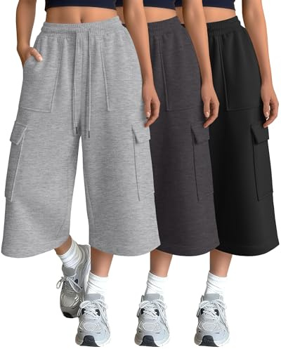 Velvelhall 3 Pack Women's Capri Cargo Sweatpants Wide Leg Cropped Pants Baggy Capris Casual Drawstring Pants with 4 Pockets(XX-Large,Black, Dark Gray, Light Gray)