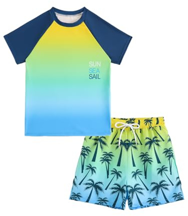 Boys Swimming Costume 2 Piece Set 5-13 Years, Short Sleeve Boys Rash Vest with UV Swim Top & Boys Swimming Trunks, UPF 50+ Tropical Print Kid Swimsuit, Yellow-Blue 13-14 Years