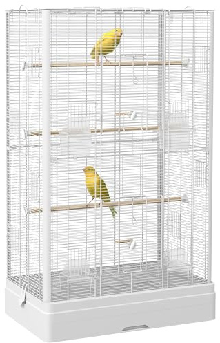 PawHut Gabbia per Canarini con Posatoi in Legno, Voliera per Uccelli in Acciaio con 2 Maniglie, Vassoio Rimovibile e Ciotole per Cibo, 61x36.5x98 cm, Bianco