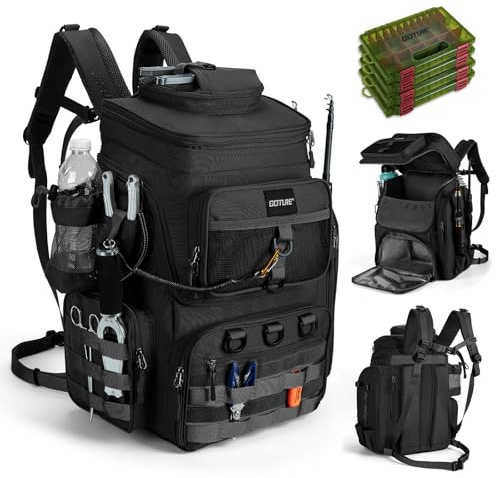 Goture Angelrucksack 55L mit 4 Köderboxen, 2 Rutenhaltern & Regenschutz