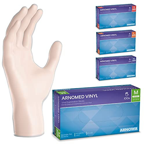 ARNOMED Einweghandschuhe M, Vinyl Handschuhe, Einmalhandschuhe mit 100 Stück/Box, Handschuhe Einweg puderfrei, Gummihandschuhe Einweg latexfrei, Einweg Handschuhe, Einmalhandschuhe in S, M, L, XL