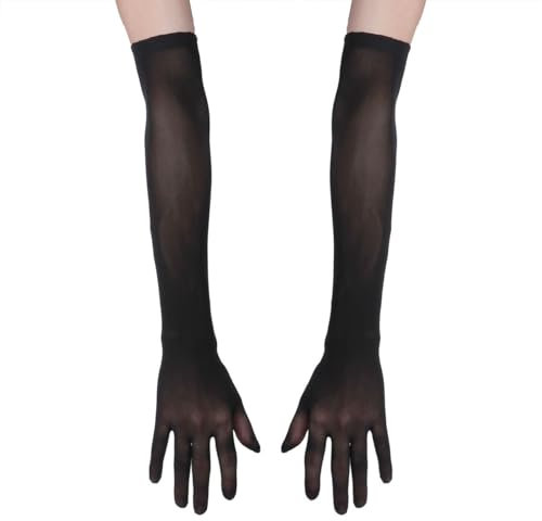 FEESHOW Damen/Herren Nahtlose Handschuhe Stulpenärmel Elastisch Strumpfhosen Nylon Durchsichtig Ellenbogen Lang für Hochzeit Abend Schwarz Einheitsgröße