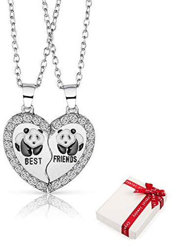 2 pièces femmes chaîne pendentifs argent pour couple BFF, chaînes d'amitié coeur panda hasl avec gravure meilleurs amis, coeurs amour bijoux chaînes partenaires cadeaux pour meilleurs petite amie