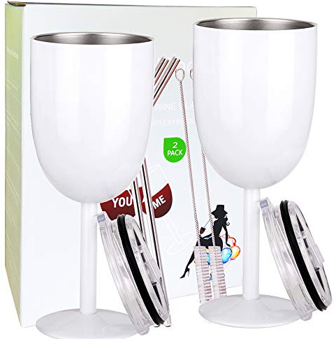 AMZUShome Stainless Steel Wine Glasses(2 Pack).Double Walled Vacuum Insulated Wine Tumbler Cups With Lid and Straw.Friendship,Christmas,Birthday Gifts for Women Men Friends Dad Mom(10oz White)