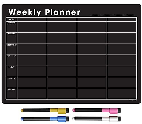 The Magnet Shop A4 / A3 Magnetic Weekly Planner and Organiser – Fully Customisable Whiteboard for Family or Business Tasks and Meal Planning - with 4 Free Magnetic Dry Wipe Pen (Black Chalkboard, A4)