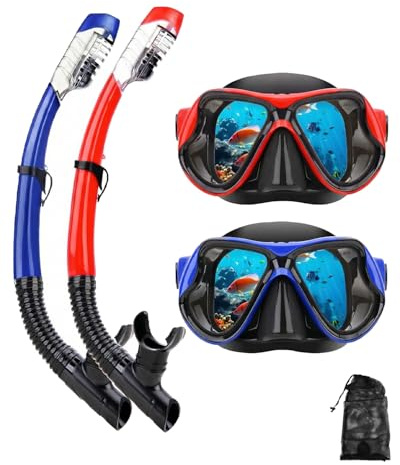 DIPUKI Adult Snorkeling Equipment, Snorkel Mask Set, Diving Mask, Dry Snorkel, Swimming Goggles, Nose Protection (Red + Blue (2 Pack))