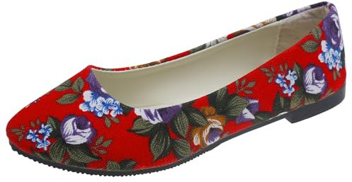 Hwalleum Ladies Floral Printed Ballet Flats, Womens Casual Comfort Round Toe Flat Pumps Girls Elegant Flower Printing Flat Shoes Office Shoes Driving Loafers Wedding Flats Red