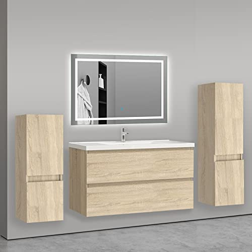 AICA Ensemble Meuble Salle de Bain avec Vasque+2 Colonne et Miroir Lumineux
