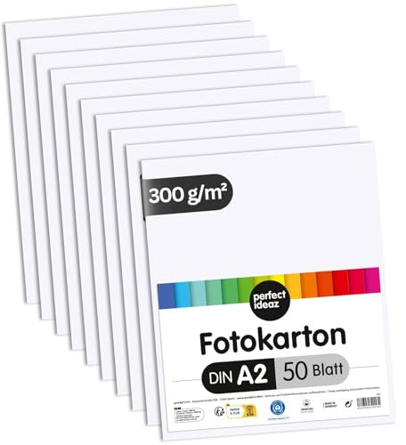 perfect ideaz 50 Blatt Fotokarton DIN-A2, Weiß, stabiler recycling Karton 300 g/m², Made in Germany, Blauer Engel zertifiziert (1 x 50 (50 Blatt))