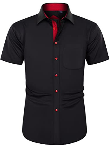 J.VER Hemd Herren Kurzarm Leichtes Sommerhemd Strandhemd für Männer Modische Freizeit Herrenhemd Mit Brusttasche Strand Sommer Hemden,Schwarz Rot,L