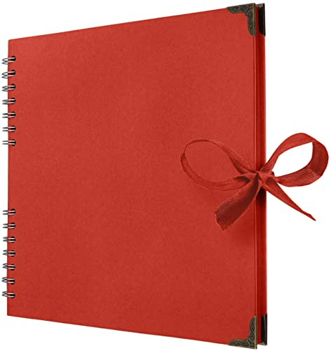 Bstorify 25.4 x 25.4 Cm Scrapbook Album 70 Pages Red | Thick Kraft Paper Corner Protectors Ribbon Closure - Ideal for Your Scrapbooking, Art & Craft Projects (Red, 25.4 x 25.4 Cm)