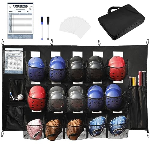 XBA Hanging Baseball Helmet Bag for Softball Team Dugout Organizer Storage for 15 Player Baseball Training Equipment Bag with Hooks and Name Tag Slots for Helmets,Bats, Gloves, Balls, Black