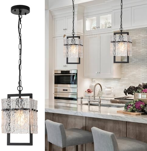 Modern Black Pendant Lights Kitchen Island, Crystal Kitchen Island Lighting with Water Ripple Glass Pendant Light Fixtures Elegant Chandeliers for Dining Room Hallway, Height Adjustable UL Listed