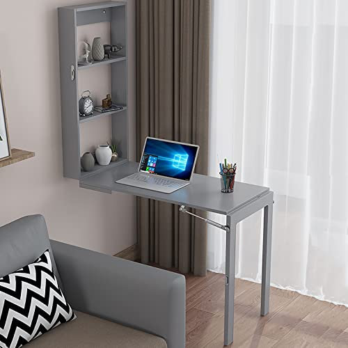 EnixWh Wall Mounted Desk with Storage Shelves,Space Saving Fold Up Computer Desk Home Office Writing Desk Studying Writing Workstation Freestanding 3-Tier Ladder Shelf Desk, Gray