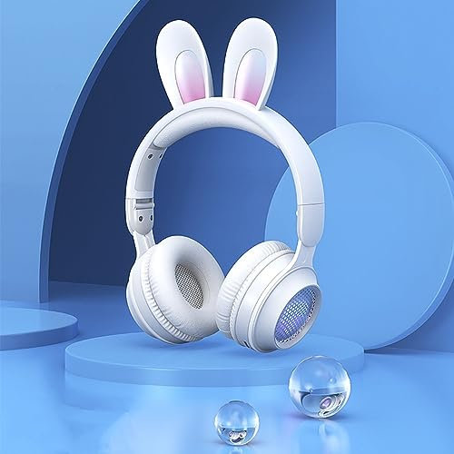 SenLiYuan Bluetooth-hörlurar, uppladdningsbar, kaninöra, design över med plugin-mikrofon, hopfällbar, uppladdningsbar, trådlös stereoheadset med 3,5 mm ljudlinje (vit)