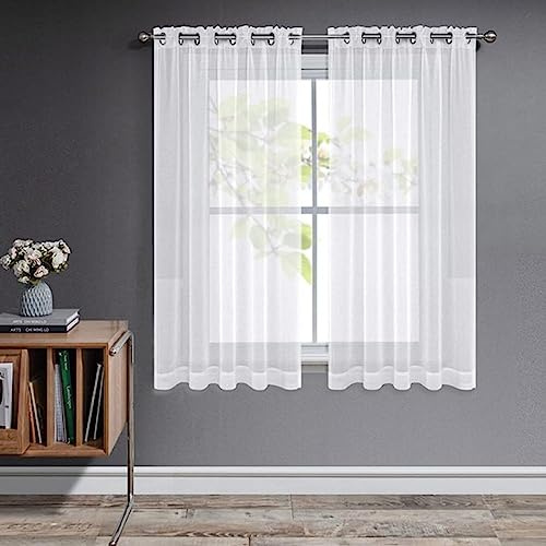 Joydeco Net Curtains for Windows 57 Inch Drop - 2 Panels, Woven Eyelet White Voile Sheer Curtains for Living Room Bedroom, Decorative Semi Transparent Short Window Treatment, 55x57 Inch, White