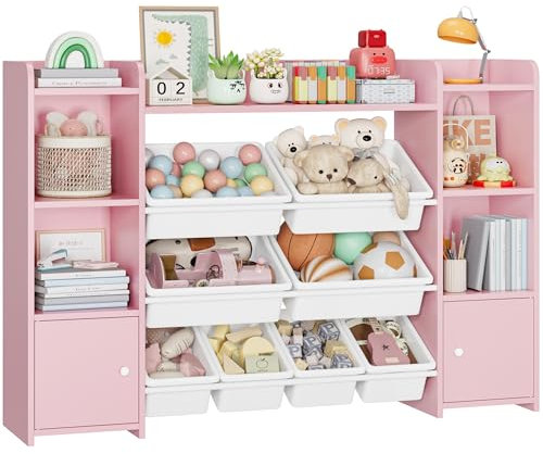FOREHILL Kinderregal mit 8 Boxen Kinderschrank Holz Bücherregal für Kinder Aufbewahrungsbox Kinderzimmer Möbel mit Spielzeugkiste 138,8 x 94,3 x29,6 cm (rosa)