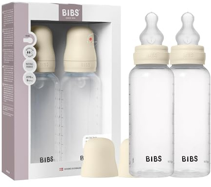 BIBS Baby Bottle 270 ml Silicone Nipple 2 Pack - Anti-Colic, BPA-Free, Round Nipple, Medium Flow, Lightweight & Easy to Clean, Suitable for Newborns 0+ Years - Ivory