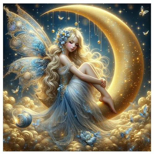 SHEGZHUC Peinture diamant 40 x 40 cm fée papillon elfe diamant peinture ange avec ailes lune jaune mosaïque diamant peinture art broderie point de croix images cadeau décoration murale