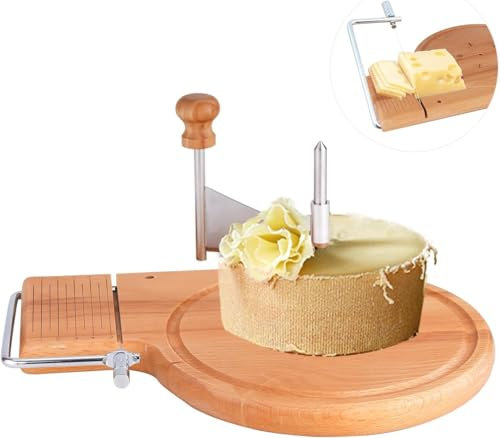 Mocoli Cortador de Queso, Cortador Queso Horizontal con Tabla de Madera Redonda se Puede Utilizar para Cortar Queso Mantequilla y Foie Gras etc