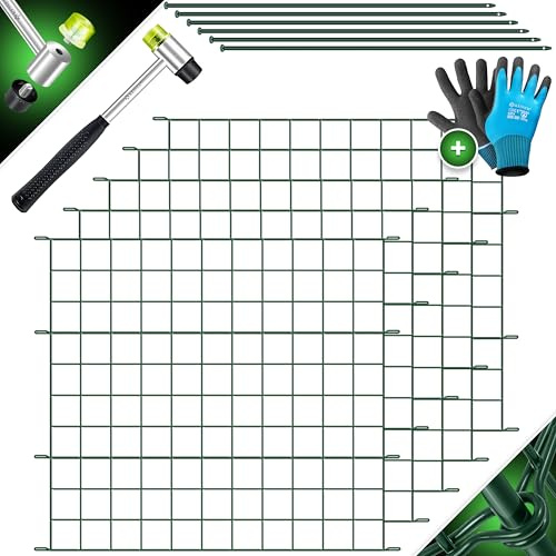KESSER Clôture d'étang - Clôture de jardin - Kit complet de 5 clôtures droites en métal - Avec gants, 1 marteau + 6 barres de fixation - Clôture à planter - Clôture pour animaux