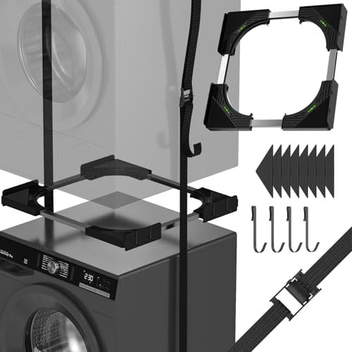 JHCHU Slimline Kit d'empilage pour lave-linge et sèche-linge, cadre universel ultra fin pour appareils de 45 à 68 cm, design peu encombrant avec sangle à cliquet et 4 crochets multifonctions (noir)