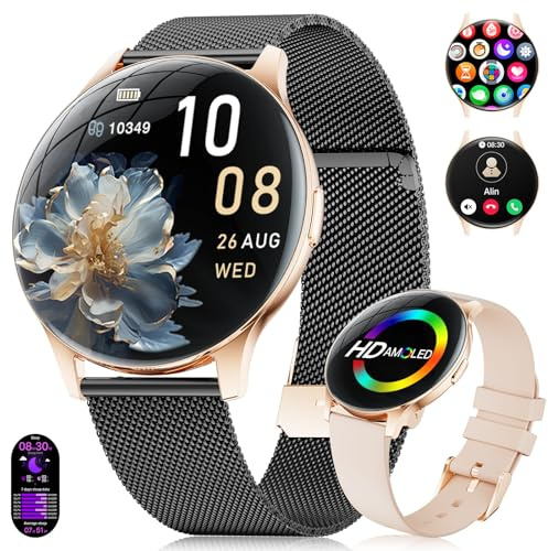Smart klocka för kvinnor 2025 med samtal, 7,99 mm, ultratunn smartwatch med 1,43 tums HD-skärm, IP67, vattentät, 100+ sportlägen, kvinnors hälsa för iOS Android, guld, svart