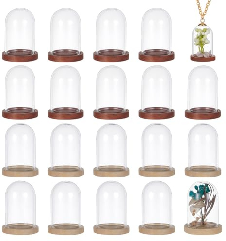 NBEADS 20 set Mini Campana di Vetro A Forma di Fiore Eterno, Copertura A Cupola In Vetro Trasparente con Base Legno Colorata per Decorazioni Nuziali Esemplari Piante Bomboniere Artigianali, 3.6×3.1cm