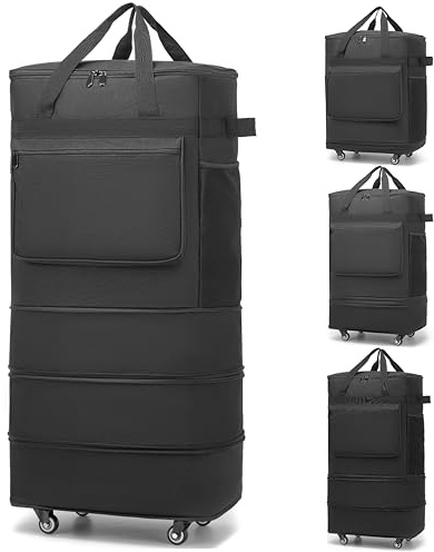 Foldable Duffel Bag, Large Rolling Travel Duffle Bag with Wheels Waterproof Collapsible Expandable Carry on Luggage for Women Men Duffel Bag with Wheels and Handle-Black