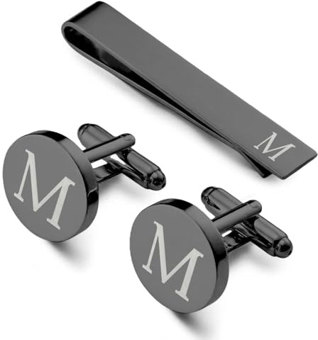 Manschettknappar för män och slipsklämmaset, personliga manschettknappar för bröllop, bankett, ceremoni, affär (Gunmetal svart-M)