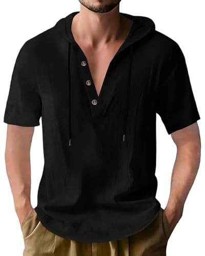 PRIVIMIX Chemise Homme Manche Courte Chemises Lin Été a Capuche Plage Tee Shirt Noir XL